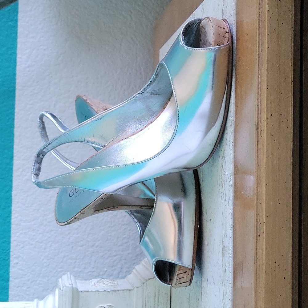 Guess by Marciano silver and cork peep toe heels